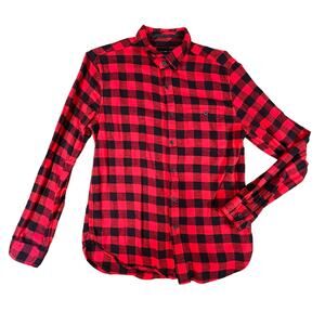 Denim&Flower Mens Medium Red Black Buffalo Plaid Button Up Flannel Outdoor Shirt